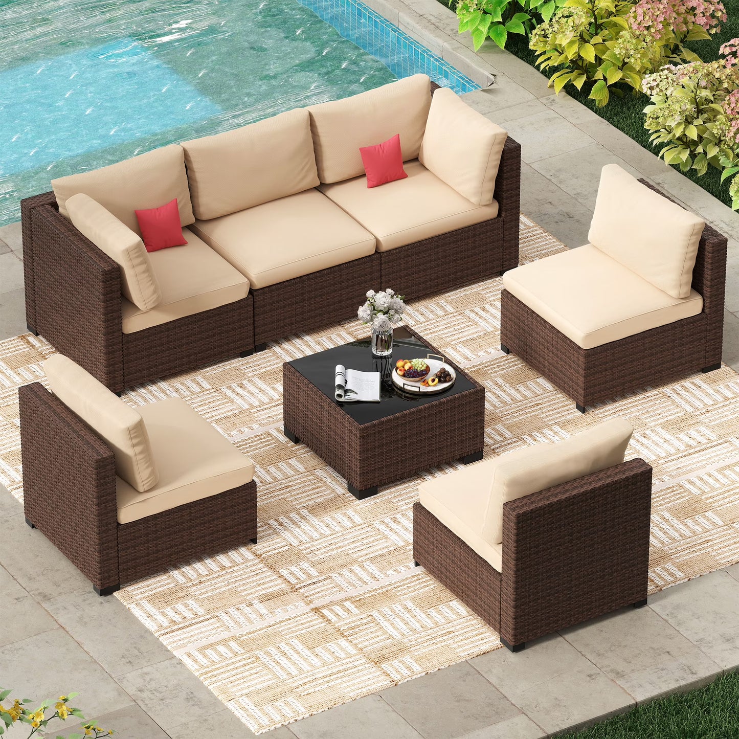 7 Piece Patio Furniture Set, Outdoor Furniture Patio Sectional Sofa, All Weather PE Rattan Outdoor Sectional with Cushion and Coffee Table.