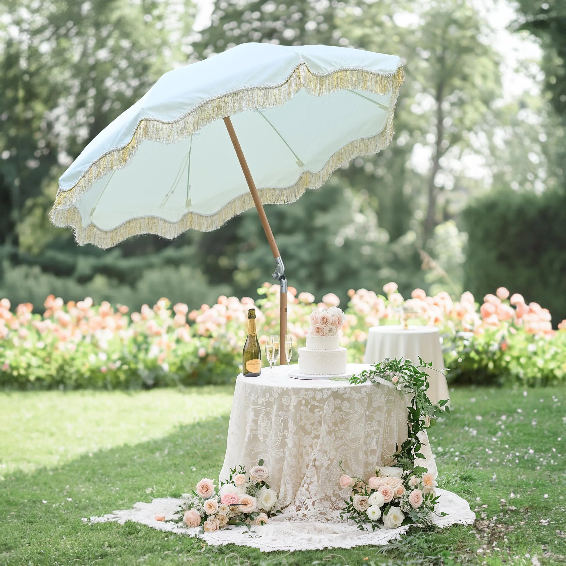 LAGarden 6 Ft Fringe Patio Umbrella with Tassel Jazz Age Wood UPF50+ for Outdoor, Beige with gold tassel,Model: JZ6-01