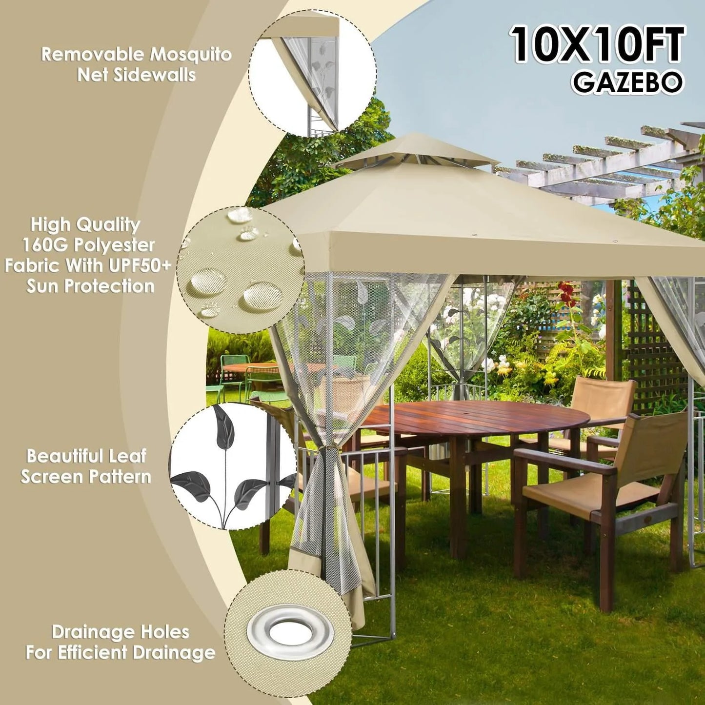 SANOPY 10'x 10' Metal Patio Gazebo, Outdoor Gazebo Canopy Tent for Backyard with Mesh Privacy Curtains, Gazebos Shelter with Display Shelves, Steel Frame, Patio Covers for Shade and Rain