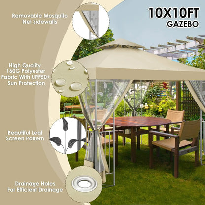 SANOPY 10'x 10' Metal Patio Gazebo, Outdoor Gazebo Canopy Tent for Backyard with Mesh Privacy Curtains, Gazebos Shelter with Display Shelves, Steel Frame, Patio Covers for Shade and Rain