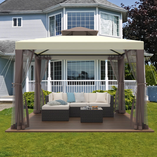10'x10' Patio Gazebo Tent Outdoor Canopy Shelter w/Mosquito Netting & 2-Tiered Vented Top for Garden, Backyard Deck And Lawns