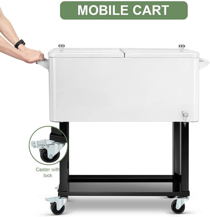 80 Quart Rolling Cooler Cart Ice Chest for Outdoor Patio Deck Party Portable Party Bar Cold Drink Beverage Cart Tub, Backyard Cooler Trolley on Wheels with Shelf, Bottle Opener White