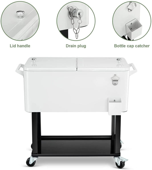 80 Quart Rolling Cooler Cart Ice Chest for Outdoor Patio Deck Party Portable Party Bar Cold Drink Beverage Cart Tub, Backyard Cooler Trolley on Wheels with Shelf, Bottle Opener White