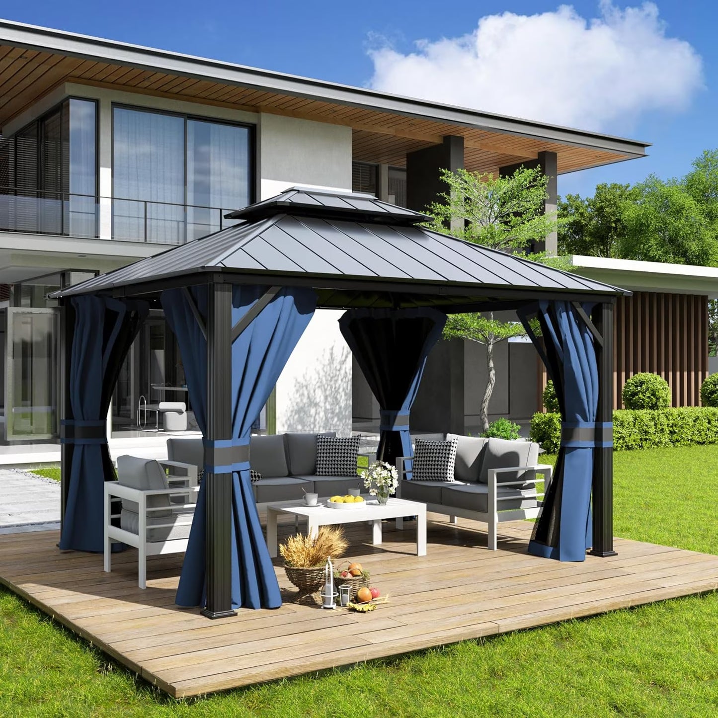 ELPOSUN Outdoor Living 10’ X 12’ Hardtop Gazebo Canopy with Netting & Curtains, Outdoor Aluminum Gazebo with Galvanized Steel Double Roof for Patio Lawn and Garden, Khaki