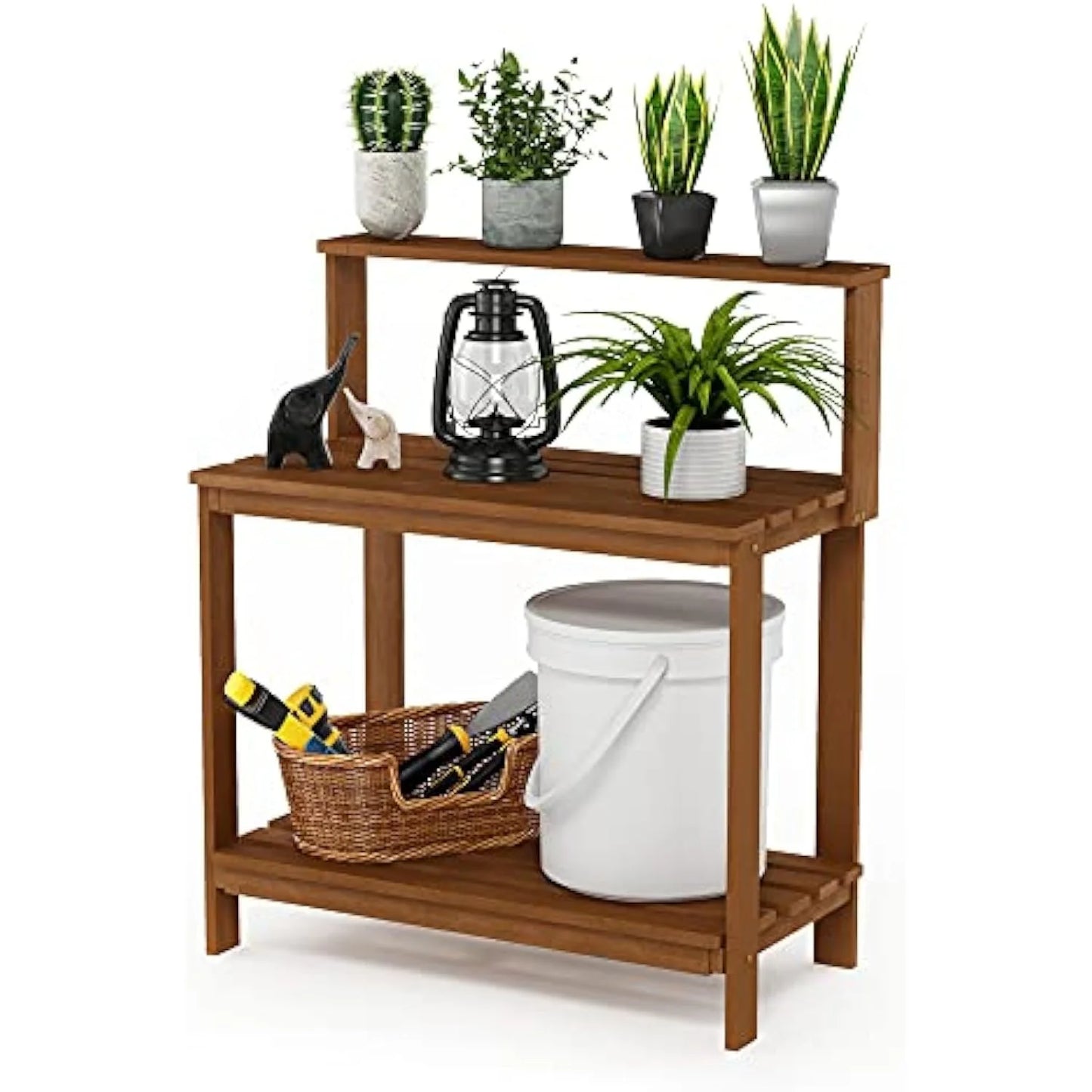 Outdoor Waterproof Hardwood Potting Bench - Durable Garden Storage Table for Patio, Natural Finish, 48x24in