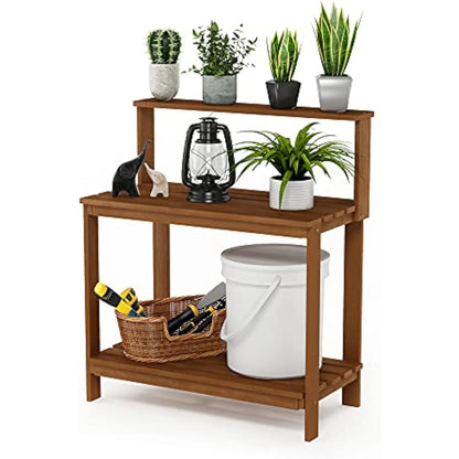 Outdoor Waterproof Hardwood Potting Bench - Durable Garden Storage Table for Patio, Natural Finish, 48x24in