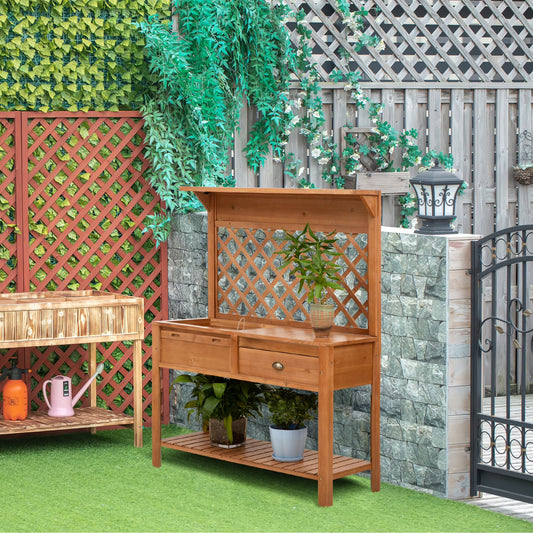 Outsunny Garden Potting Bench, Outdoor Wooden Workstation Table w/Metal Screen, Drawer, Hooks, Storage Shelf, and Lattice Back for Patio and Porch