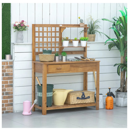 Potting Table Garden Workstation, Outdoor Wooden Workbench with Shelves & Drawer, Patio Plant Stand for Courtyard, Balcony - Brown