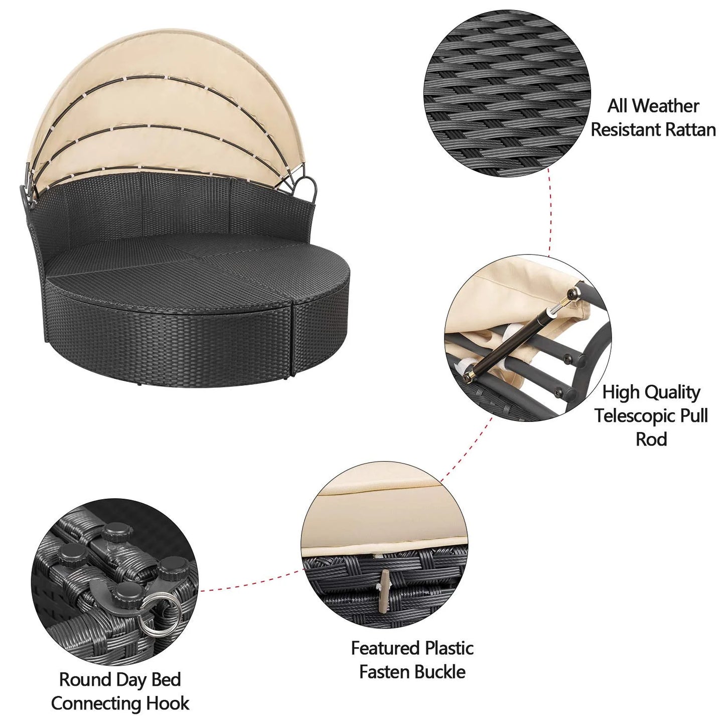 Lacoo Outdoor Patio Round Daybed with Retractable Canopy Wicker Furniture Sectional Seating with Washable Cushions for Patio Backyard Porch Pool Daybed Separated Seating (Beige)