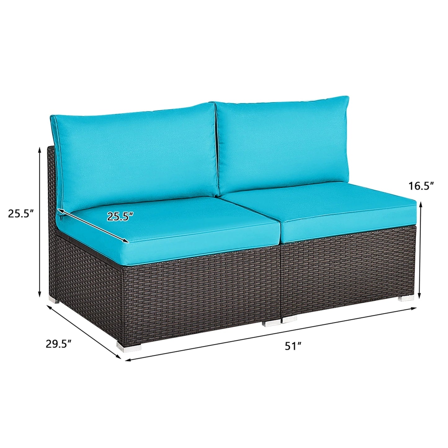 Gymax 2PCS Patio Wicker Rattan Sectional Armless Chair Sofa w/Turquoise Cushion