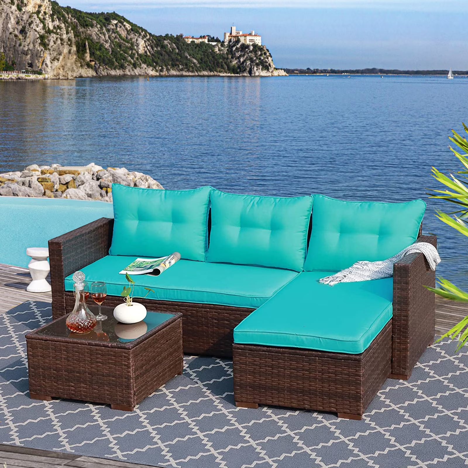 3 Piece Patio Furniture Sets, Outdoor All-Weather Wicker Sectional Sofa Set, Beige