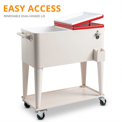 80 QT Rectangular Rolling Cooler Cart with Wheels, Portable Ice Chest with Bottle Opener and Storage Shelf, Outdoor Beverage Cart Ice Chest Cart for Patio Party, Picnic, BBQ, Camping, Red &White