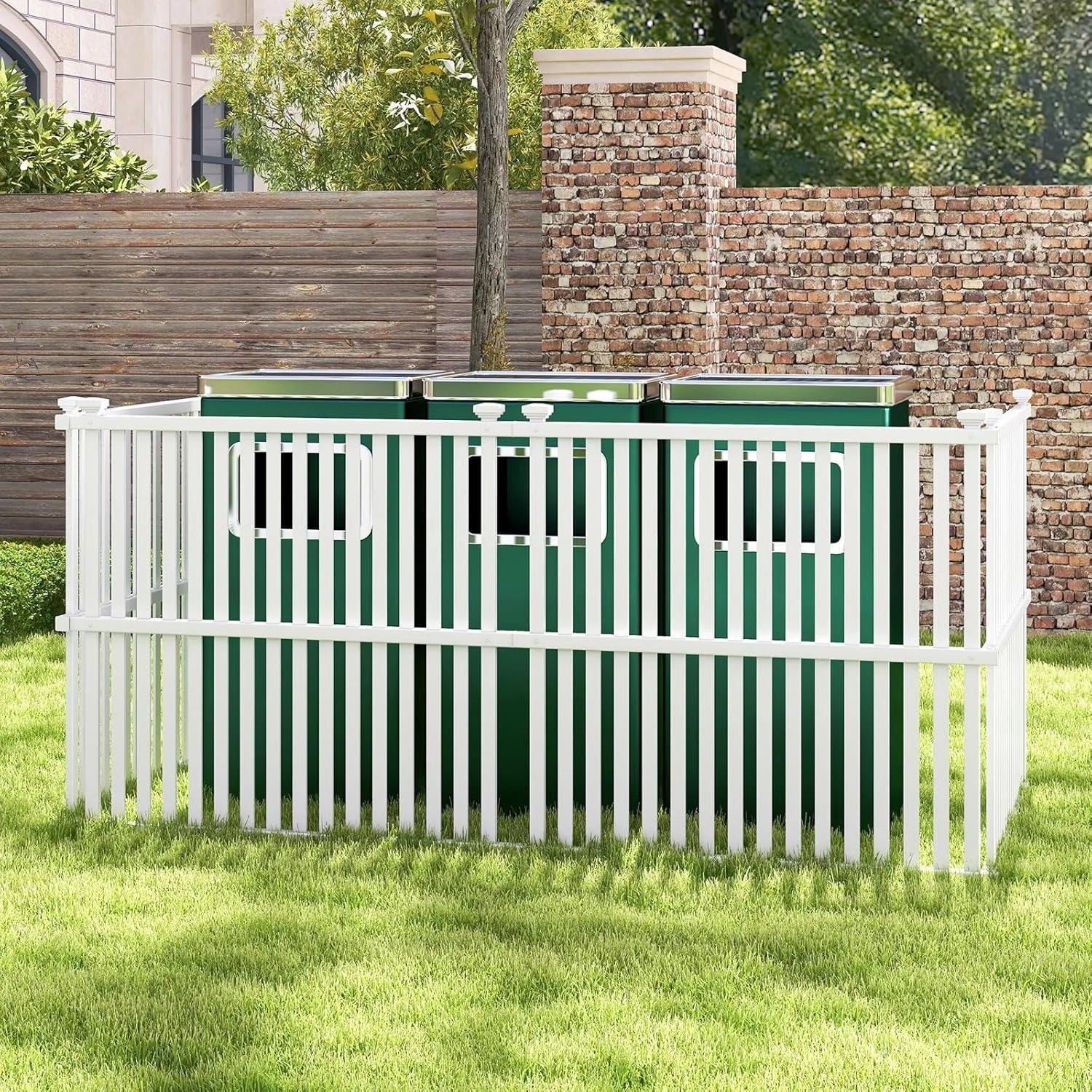SAZYY 2 Panels Air Conditioner Fence, 45 in. W x 45 in. H Garden Fence, Vinyl Trash Can Pool Equipment Enclosure w/Metal Ground Stakes, Outdoor Privacy Fence Screen for Garden Patio Lawn AC Unit, White
