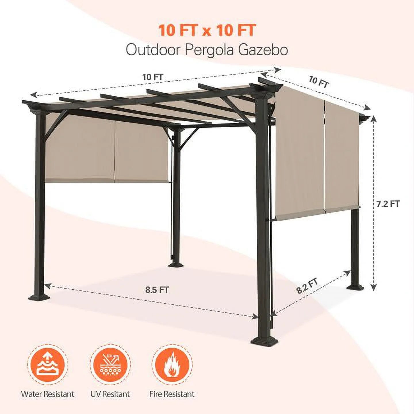 EAGLE PEAK 10x10 Outdoor Gazebo with Retractable Sun Shade Top for Patio, Garden, Backyard, Steel Frame, Beige