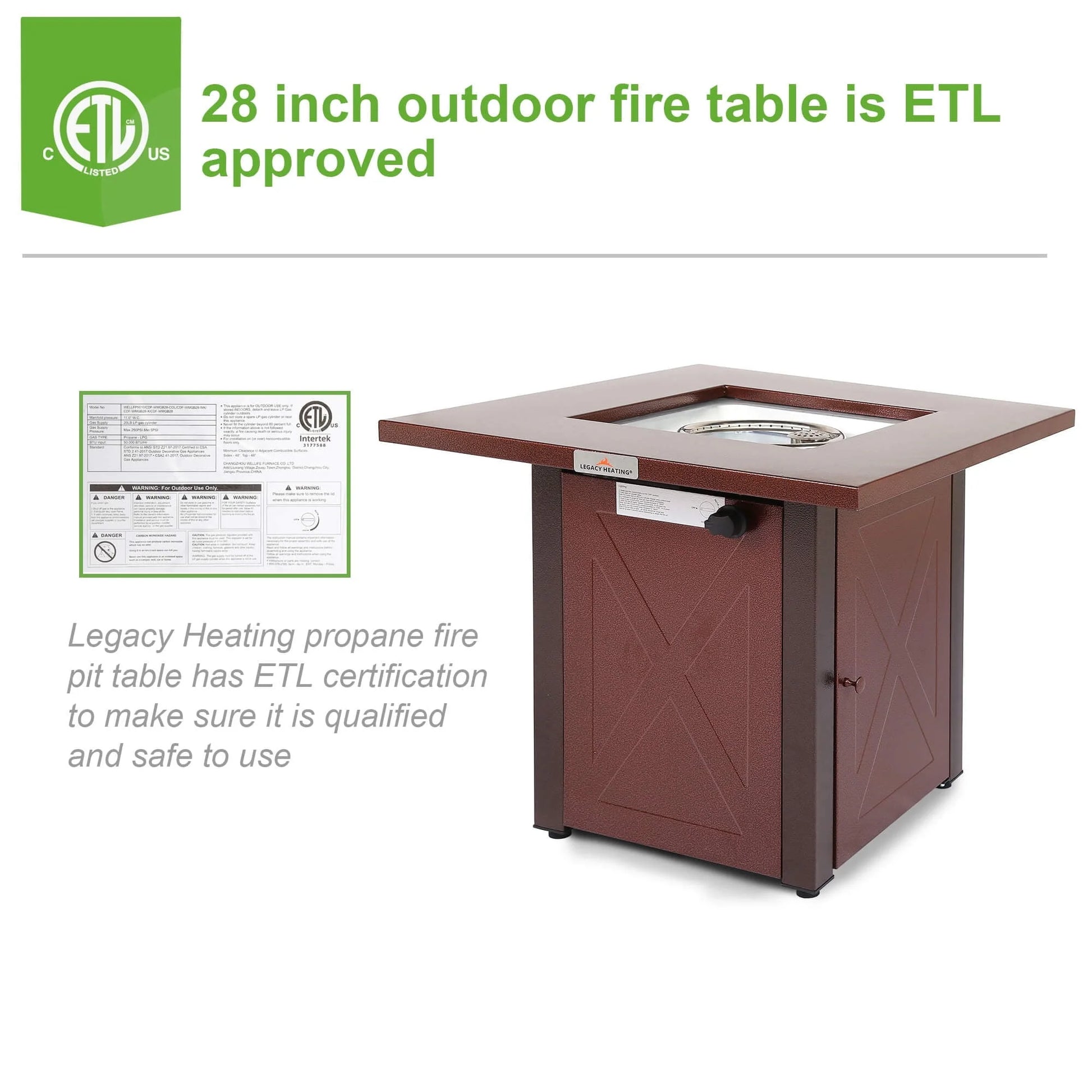 28 In Propane Fire Pit Table, Square Brown Texture Outdoor Gas Fire table with Lid & Lava rock, 50000 BTU, Auto-Ignition, Adjustable Flame, ETL-Certified, Suitable for Courtyard/Patio/Balcony