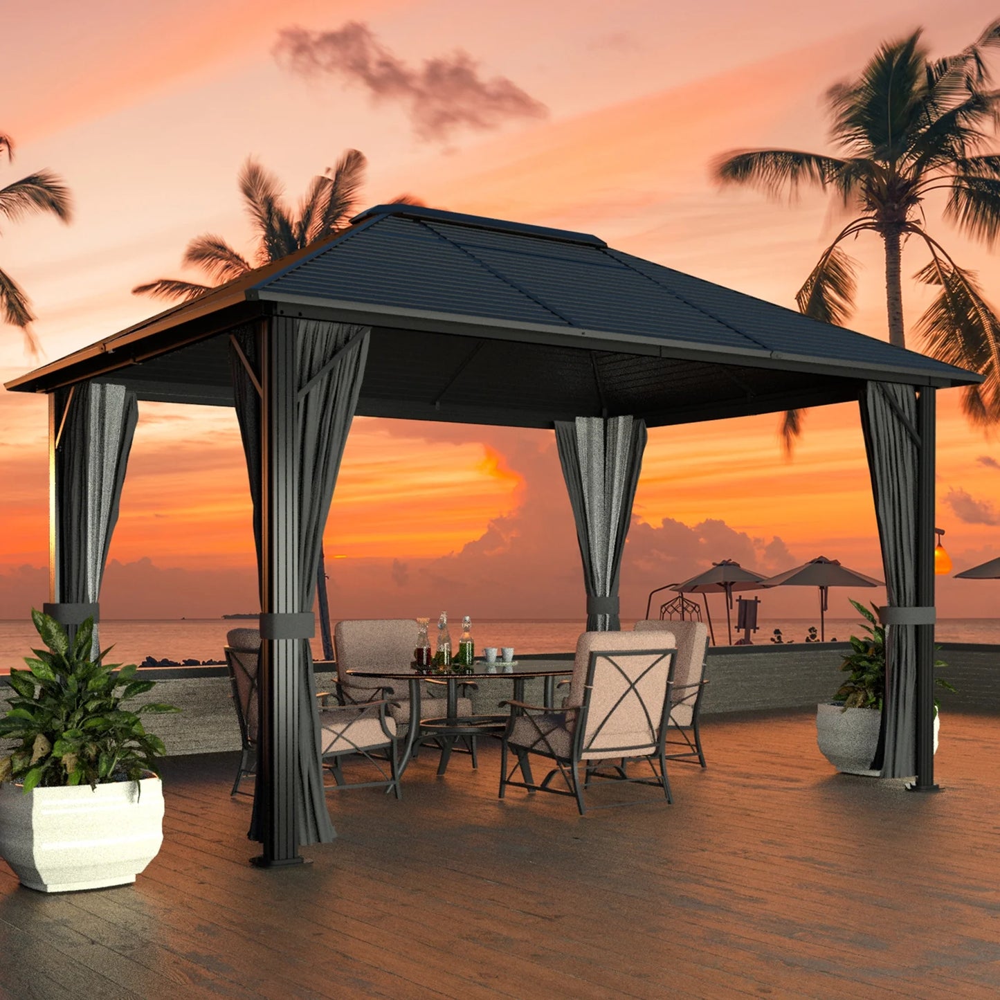 VEIKOUS 12'x10' Hardtop Gazebo, Outdoor Aluminum Gazebo Pergola w/Nettings and Curtains for Patio, Yard, Black