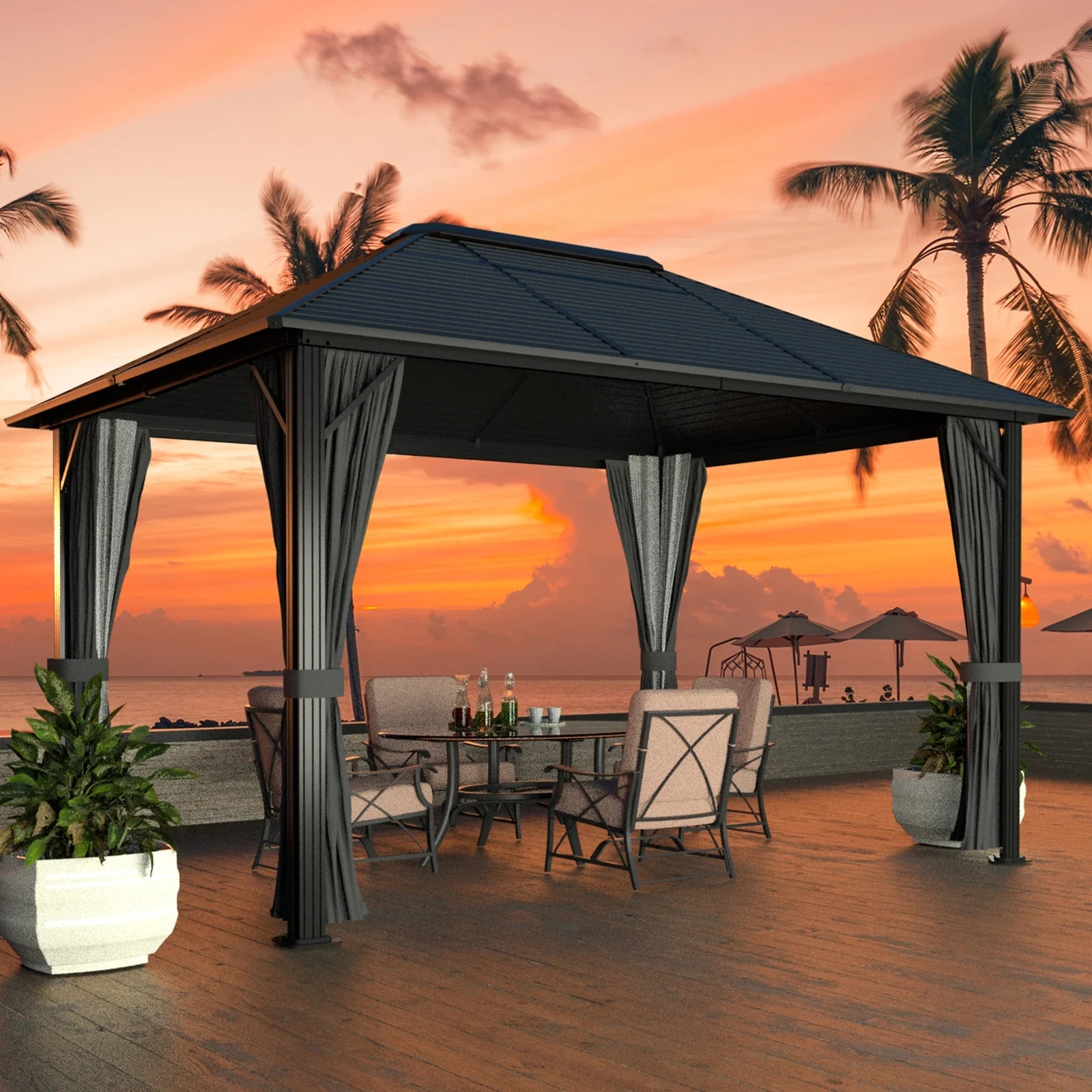VEIKOUS 12'x10' Hardtop Gazebo, Outdoor Aluminum Gazebo Pergola w/Nettings and Curtains for Patio, Yard, Black