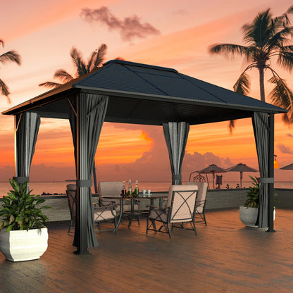 VEIKOUS 12'x10' Hardtop Gazebo, Outdoor Aluminum Gazebo Pergola w/Nettings and Curtains for Patio, Yard, Black