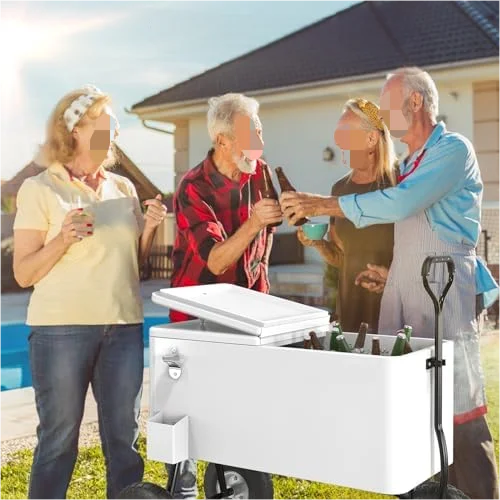 80 Quart Wagon Rolling Cooler Ice Chest,/Long Handle and 10" Wheels, Portable Beach Patio Party Bar Cold Drink Beverage, Outdoor Park Cart on Wheels