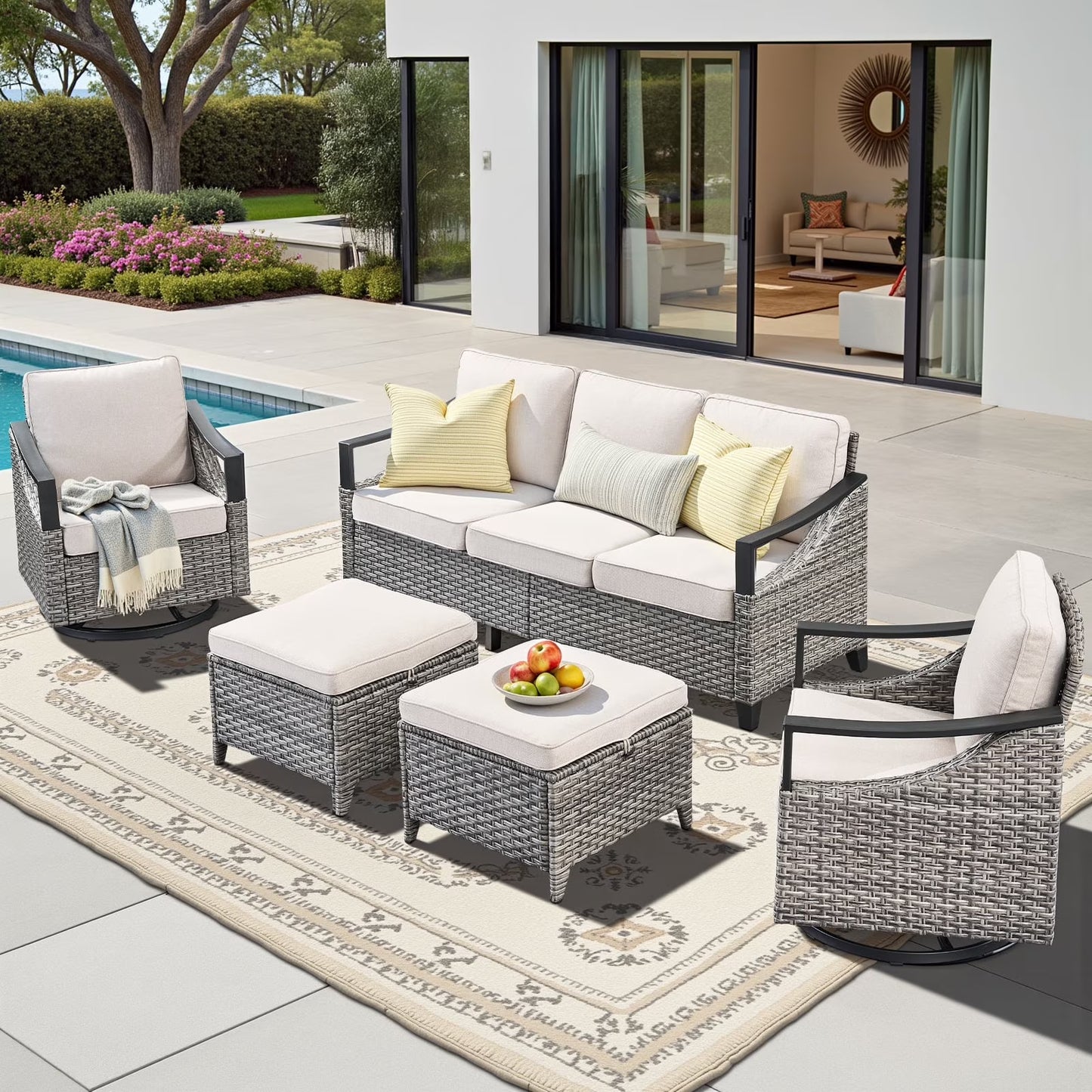 Planntonneo 5 Pieces Wicker Patio Furniture Set Deals, Outdoor Couch Set with Swivel Rocking Chairs and Ottomans for Porch Backyard Garden