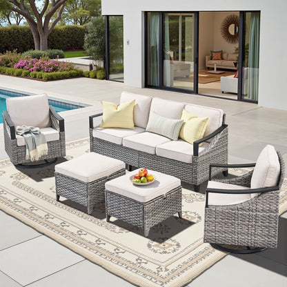 Planntonneo 5 Pieces Wicker Patio Furniture Set Deals, Outdoor Couch Set with Swivel Rocking Chairs and Ottomans for Porch Backyard Garden