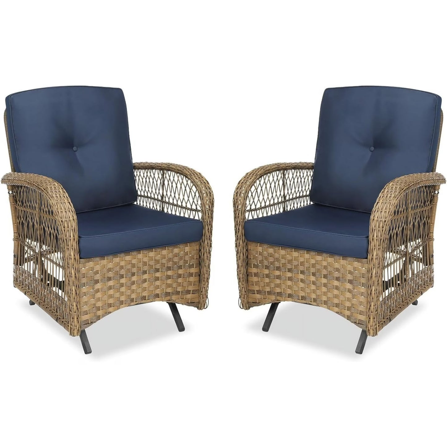 MEETWARM Patio Wicker Rocking Glider Set, All-Weather Outdoor Rattan Patio Rocking Chairs of 2, Patio Conversation Set with Thickened Cushions for Porch Garden & Backyard, Navy Blue