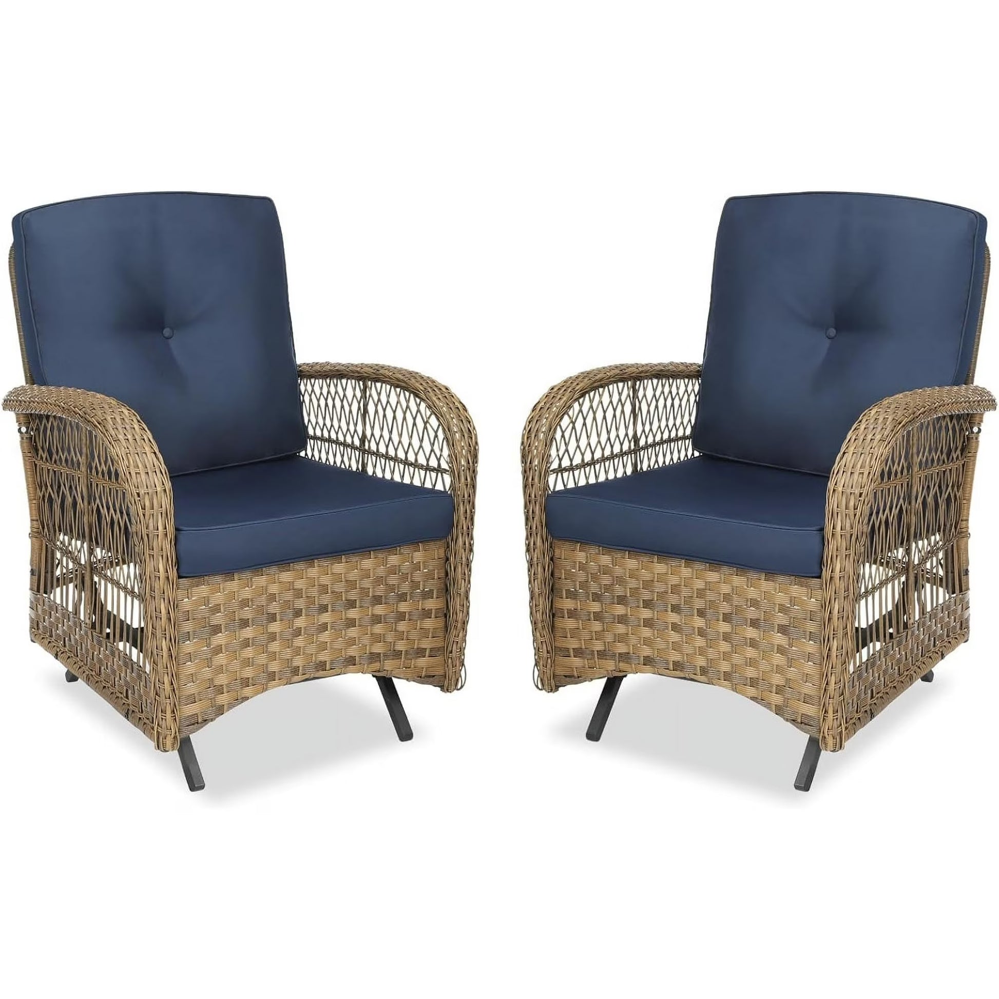 MEETWARM Patio Wicker Rocking Glider Set, All-Weather Outdoor Rattan Patio Rocking Chairs of 2, Patio Conversation Set with Thickened Cushions for Porch Garden & Backyard, Navy Blue