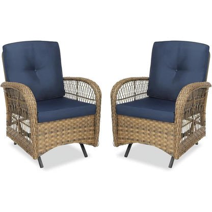 MEETWARM Patio Wicker Rocking Glider Set, All-Weather Outdoor Rattan Patio Rocking Chairs of 2, Patio Conversation Set with Thickened Cushions for Porch Garden & Backyard, Navy Blue