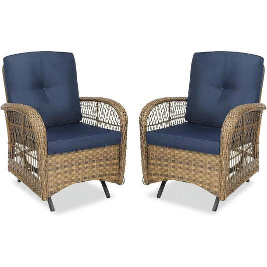 MEETWARM Patio Wicker Rocking Glider Set, All-Weather Outdoor Rattan Patio Rocking Chairs of 2, Patio Conversation Set with Thickened Cushions for Porch Garden & Backyard, Navy Blue
