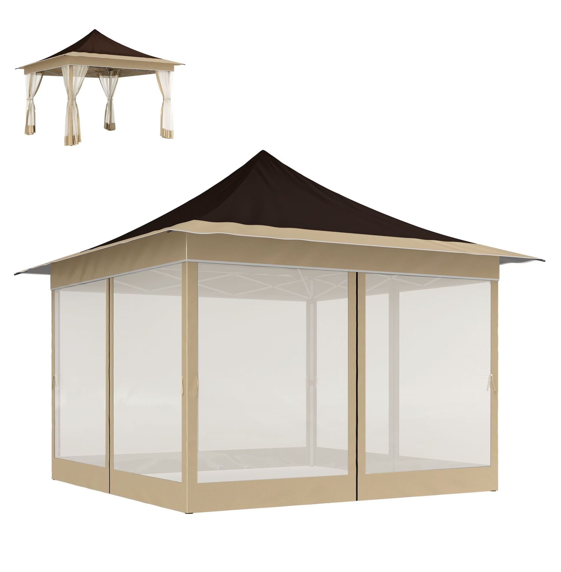12x12 Pop Up Canopy Tent with Mesh Netting, UPF50+ Sun Shelter - Brown Patio Gazebo with Carry Bag