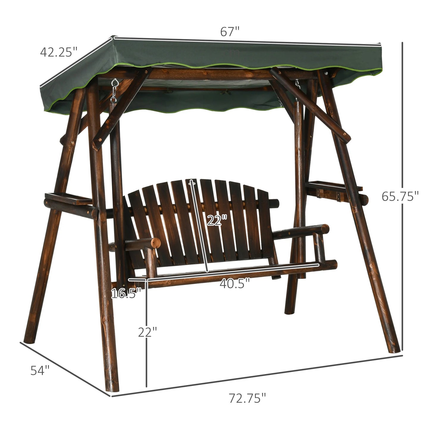Outsunny 2-Person Patio Swing Chair, Outdoor Hanging Wooden Porch Bench Loveseat w/Adjustable Canopy and Side Trays for Garden, Poolside, Backyard