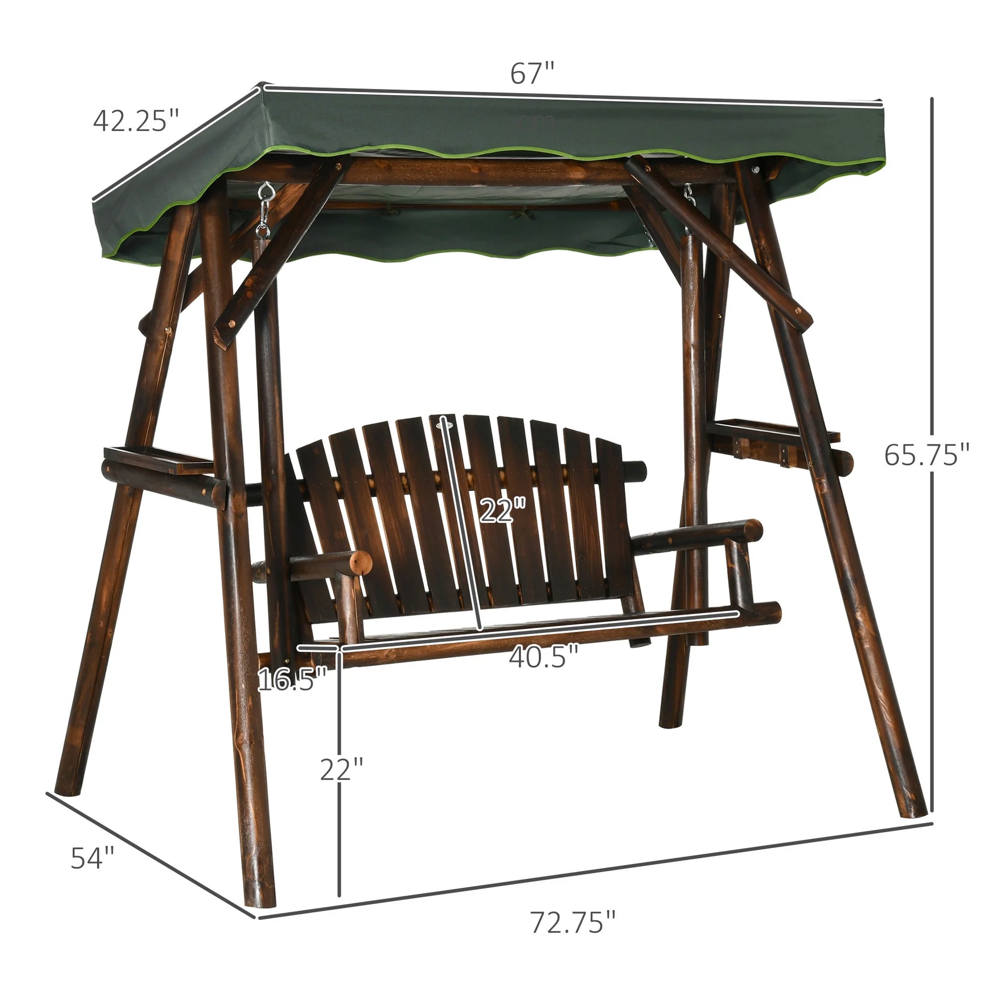 Outsunny 2-Person Patio Swing Chair, Outdoor Hanging Wooden Porch Bench Loveseat w/Adjustable Canopy and Side Trays for Garden, Poolside, Backyard
