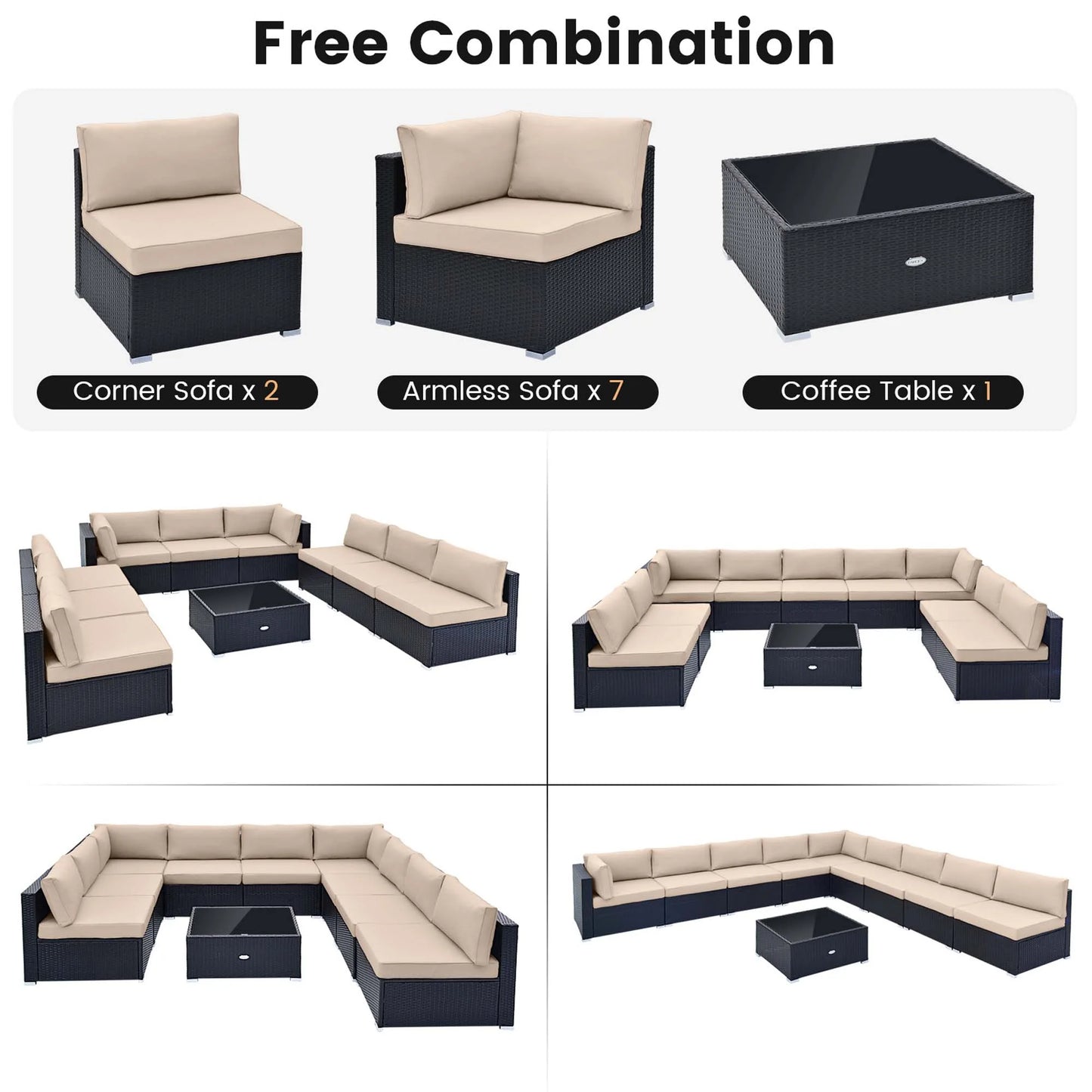 Costway 10 PCS Patio Rattan Furniture Set Outdoor Wicker Sofa Table Cushioned Seat Beige