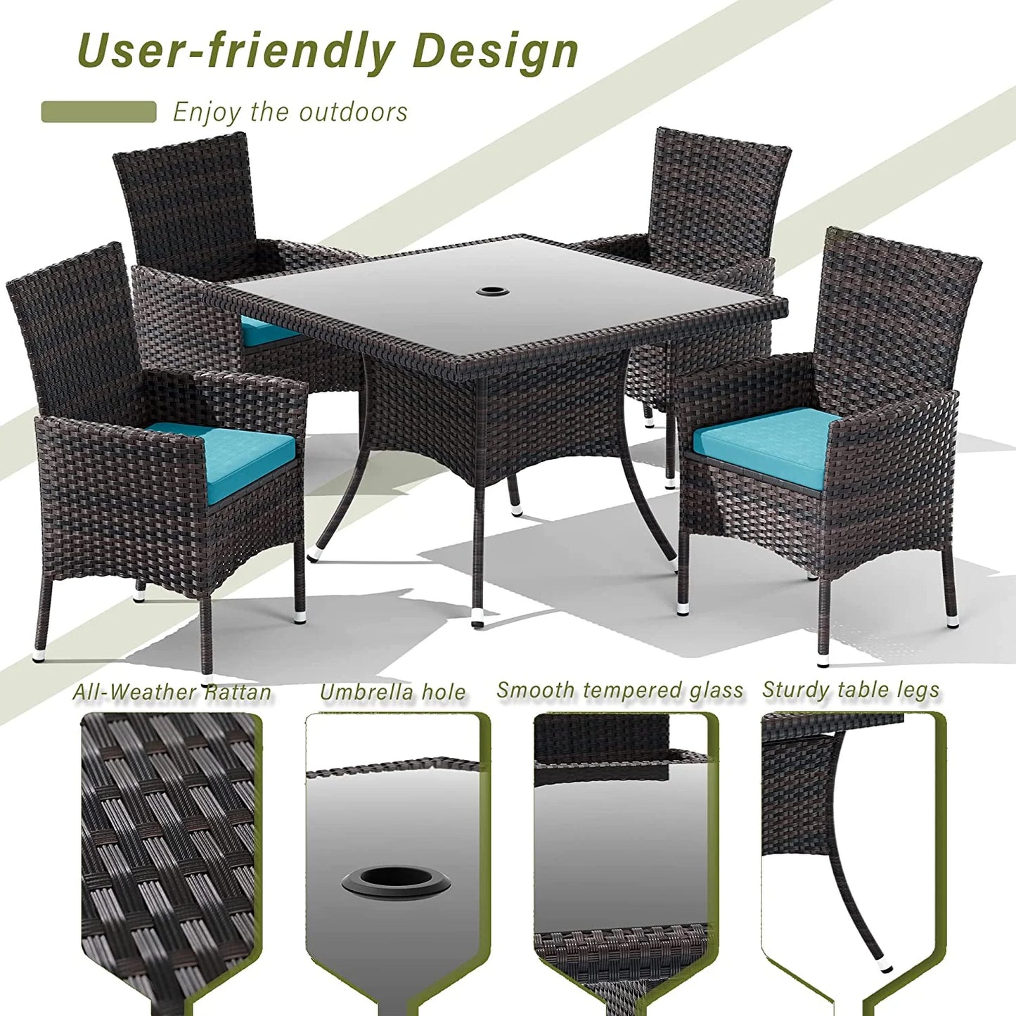 ALAULM 5 Pieces Patio Dining Set Outdoor Rattan Furniture with Square Glass Tabletop 4 Chairs with Cushions for Patio, Backyard Outdoor Kitchen Lawn & Garden Blue