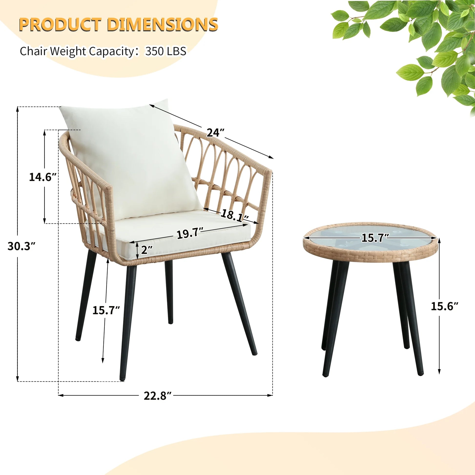 FHFO 3 Piece Patio Bistro Set, Outdoor Wicker Apartment Balcony Furniture Sets, Rattan Table and Chairs Set of 2 for Porch Backyard Lawn Poolside Deck, Beige