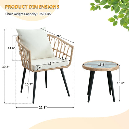 FHFO 3 Piece Patio Bistro Set, Outdoor Wicker Apartment Balcony Furniture Sets, Rattan Table and Chairs Set of 2 for Porch Backyard Lawn Poolside Deck, Beige