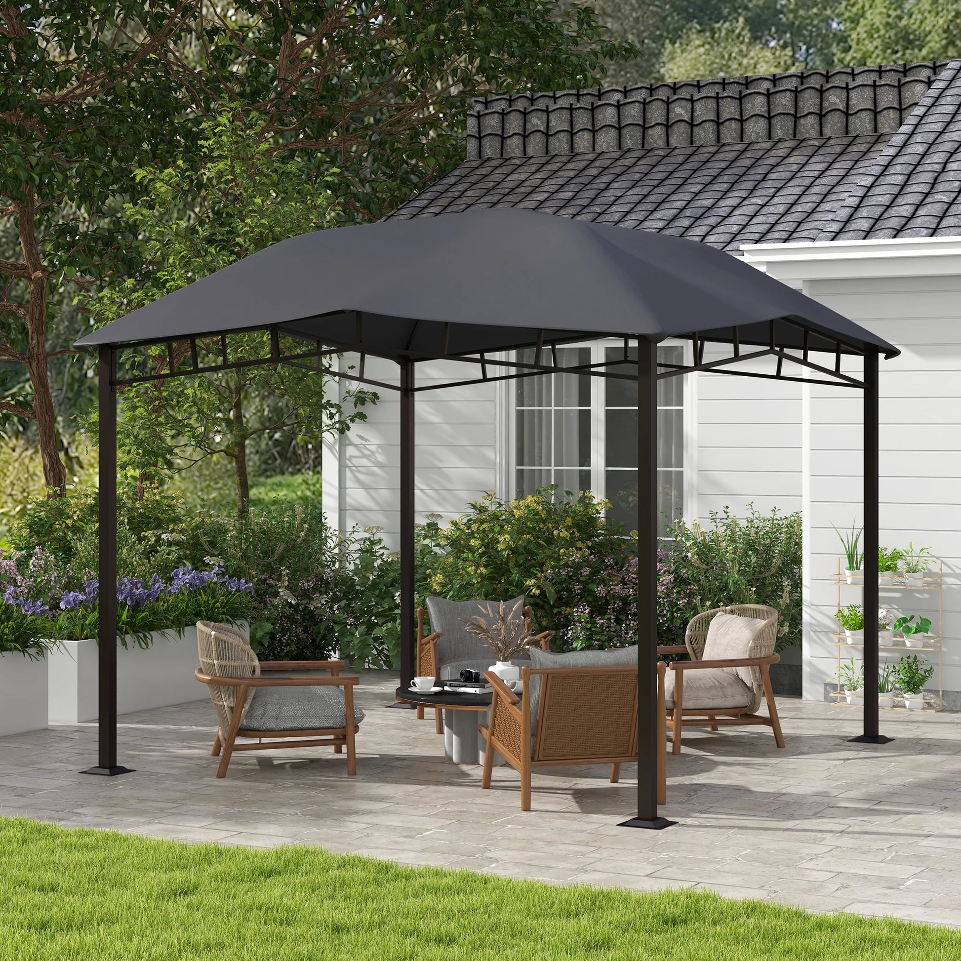 Outdoor Umbrellas Outsunny 10' x 10' Soft Top Patio Gazebo Outdoor Canopy with Unique Geometric Design Roof, All-weather Steel Frame, Gray,Patio Shades