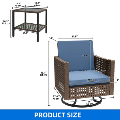 Dextrus Patio Swivel Chairs, Outdoor Wicker Swivel Glider Rocking Chairs set of 2 with Side Table,Bistro Swive Chairs Set for Porch Deck - Blue