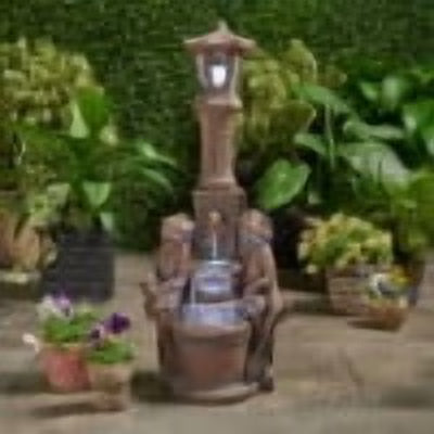 Coowa 37.25 Inch Outdoor Water Fountain with LED Lights, Faux Stone Two Tier Frog and Lamppost Design, Rustic Multi Brown, Weather Resistant for Garden and Patio