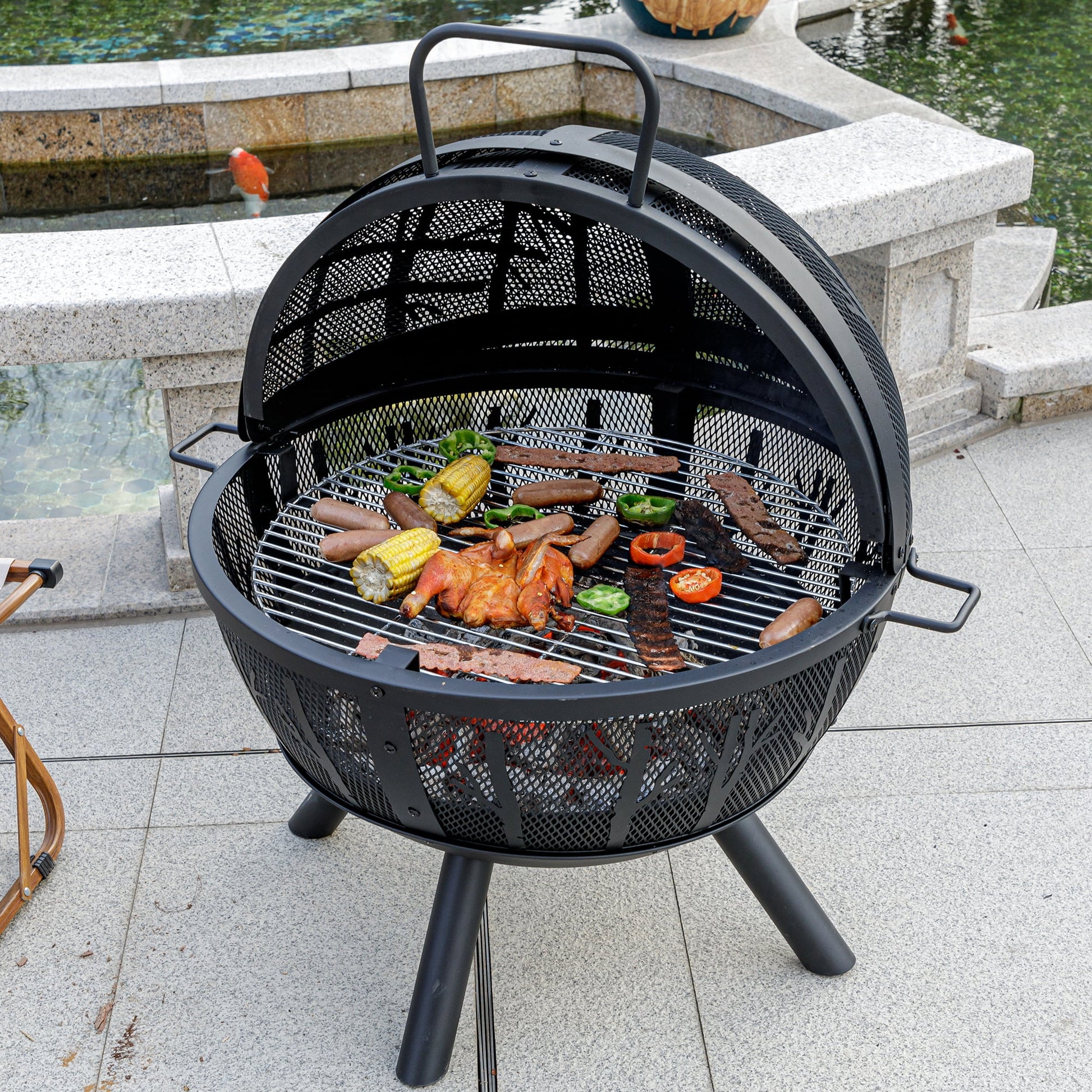 MistMo 35 inch Metal Ball Outdoor Fire Pit with Grill for Outside Patio Bonfire