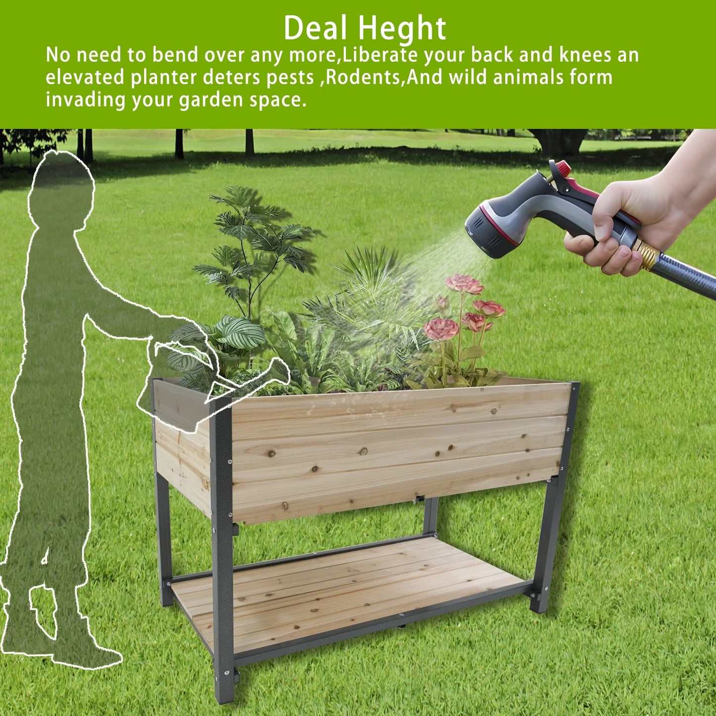 Durable Raised Garden Bed with Iron Frame and Solid Wood Panels, Elevated Planter Box for Patio, Balcony, Outdoor Gardening