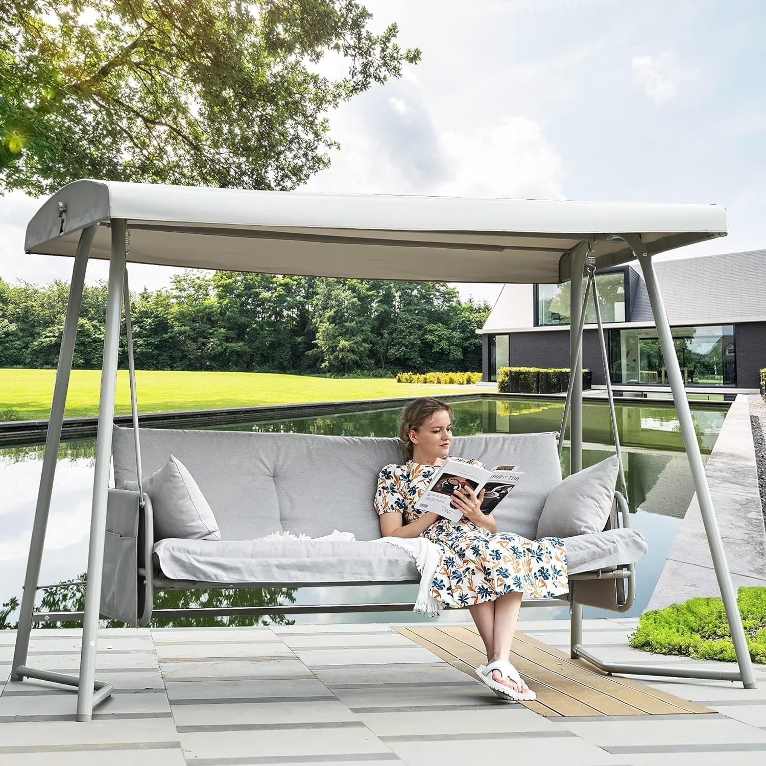 CHINNLUU Oversized 4 Person Porch Swing with Stand 800 LBS Capacity Adjustable Canopy Backrest Includes Cushions Pillows Patio 2 in 1 Swing Bed for Backyard Garden Poolside, Champagne