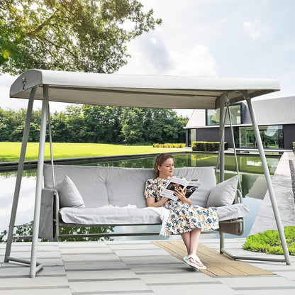 CHINNLUU Oversized 4 Person Porch Swing with Stand 800 LBS Capacity Adjustable Canopy Backrest Includes Cushions Pillows Patio 2 in 1 Swing Bed for Backyard Garden Poolside, Champagne