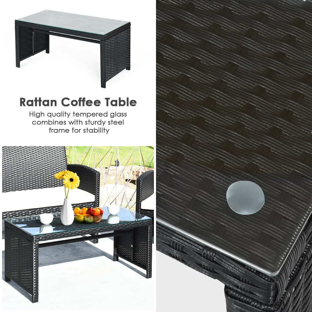 Gymax 4PCS Rattan Patio Conversation Set Outdoor w/Coffee Table Cushioned Sofa
