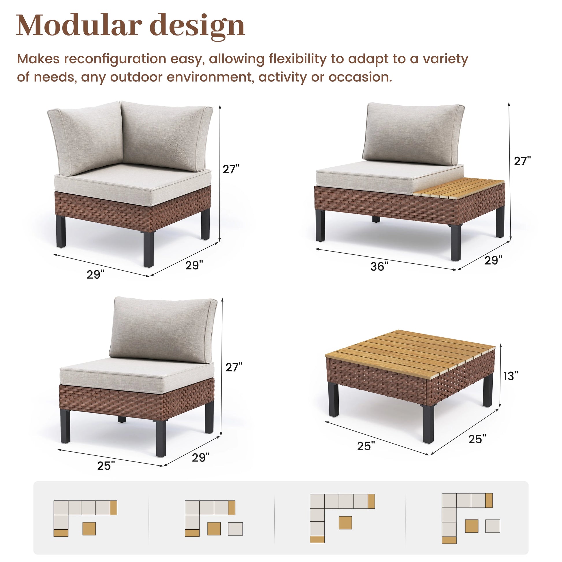 ELPOSUN L Shaped Conversation Sectional Sofa Set with Coffee Table, 5 Pieces Patio Furniture Seating Group with Side Table for Backyard Garden, Beige Grey
