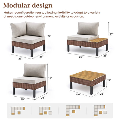 MRUAKA L Shaped Conversation Sectional Sofa Set with Coffee Table, 5 Pieces Patio Furniture Seating Group with Side Table for Backyard Garden, Beige Grey
