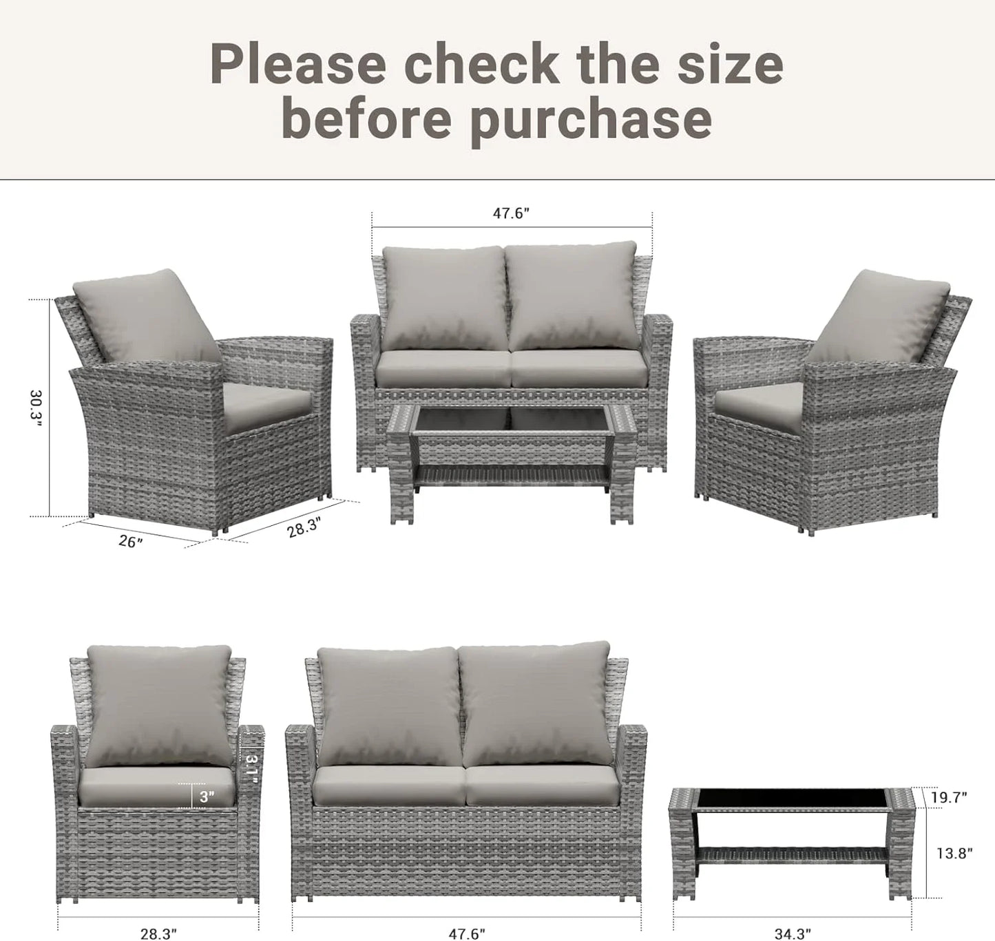 ELPOSUN Wicker Patio Furniture Set, 4 Piece Outdoor Sectional Conversation Sets, Gray PE Rattan Patio Sofa Set for Balcony, Porch, Backyard, Grey