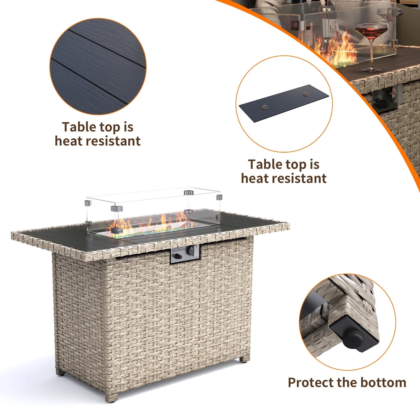 MRUAKA 8 Pieces Patio Furniture Set with Fire Pit Table, Outdoor Furniture Sectional Rattan Sofa with Slanted Back, Patio Couch with Glass Coffee Table for Backyard Garden (Dark Grey)