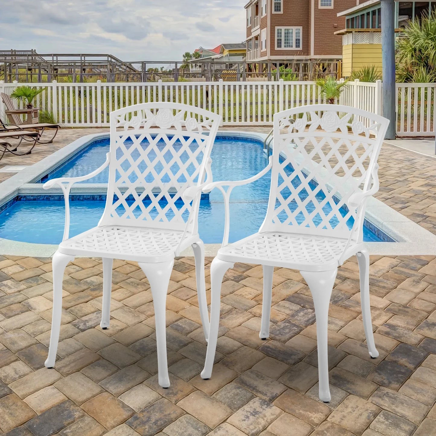 Withniture Cast Aluminum Patio Furniture Outdoor Chairs Patio Bistro Chair Set of 2 with Armrest, Metal Chair for Garden, White