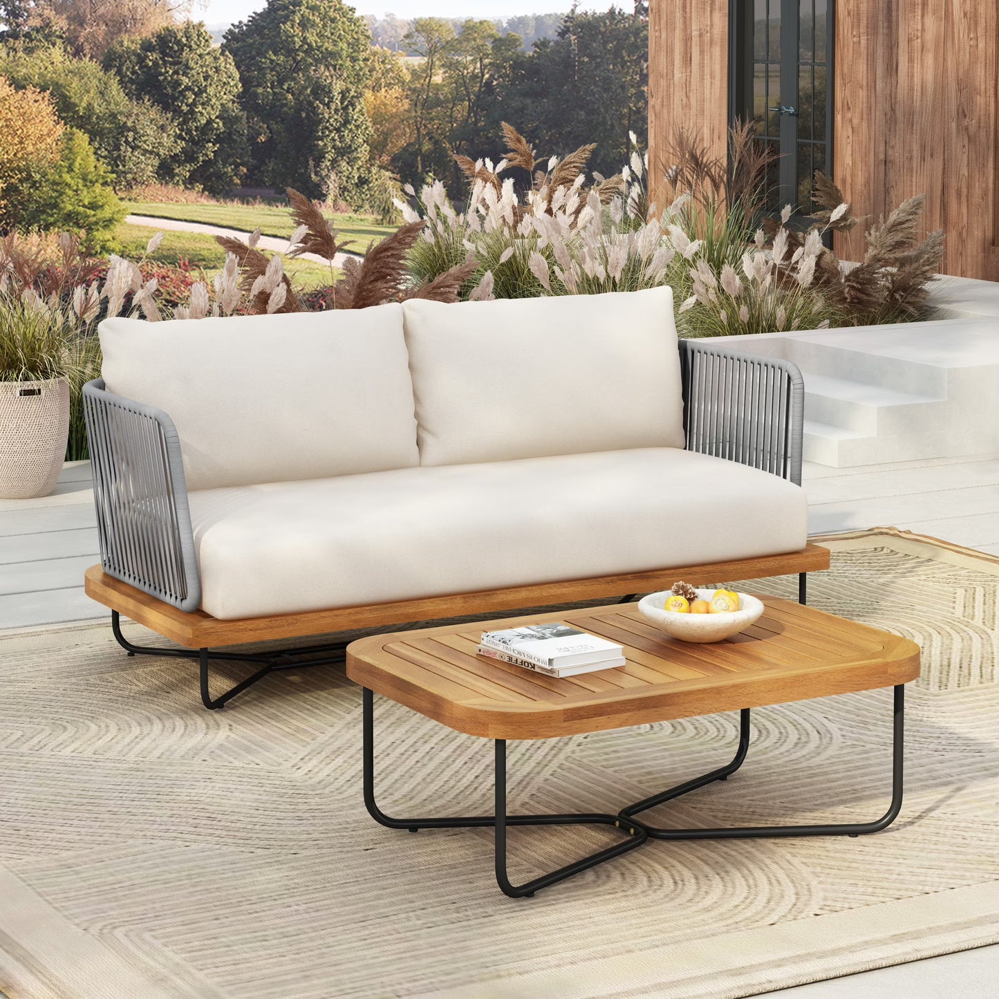 Christopher Knight Home 2-Piece Patio Furniture Outdoor Loveseat Set, Rope Woven Loveseat with Coffee Table, Beige Cushion